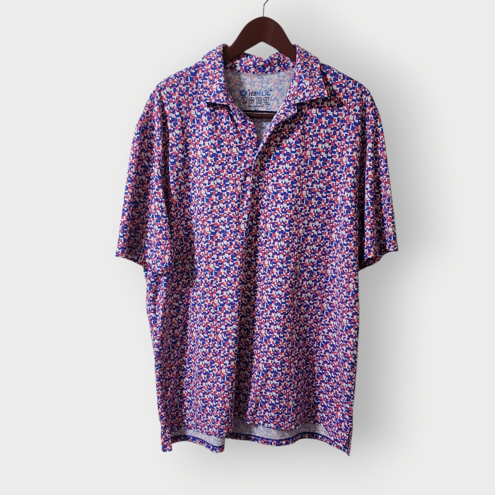 IBKUL Mens XL Polo‎ Shirt Geometric Print UPF 50+ Cooling Blue Red White